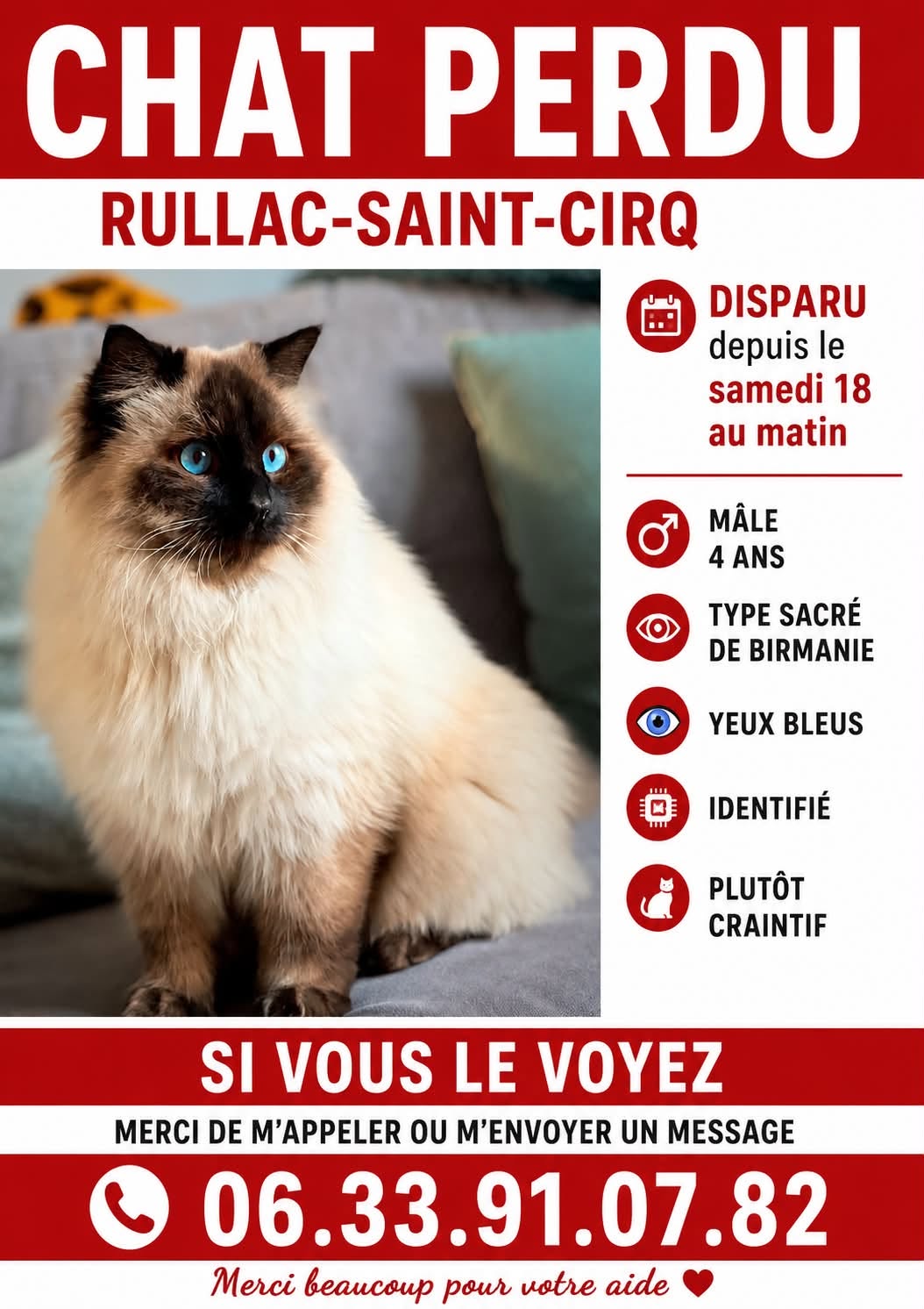 Chat perdu sur Rullac-St-Cirq.