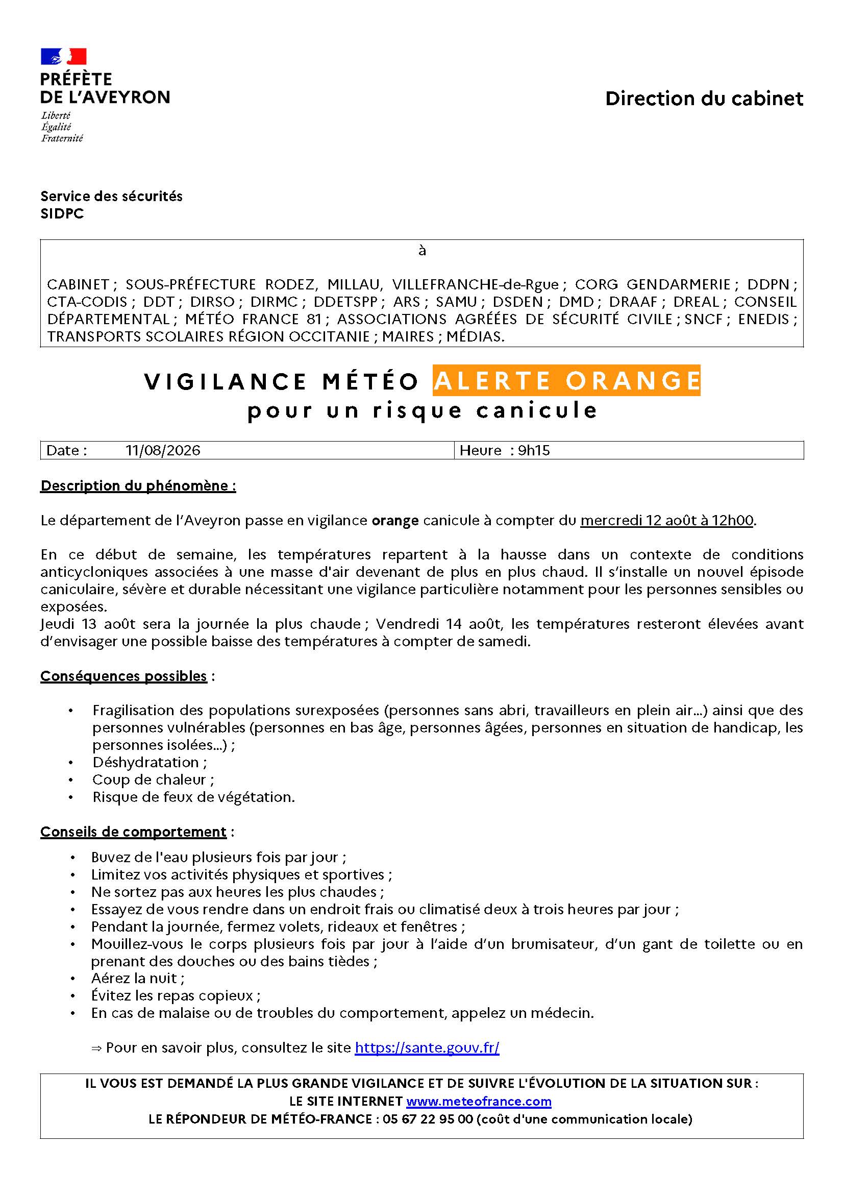 Le département de l'Aveyron passe en vigilance Canicule ORANGE à partir du mercredi 12 aout 2026 à 12h.